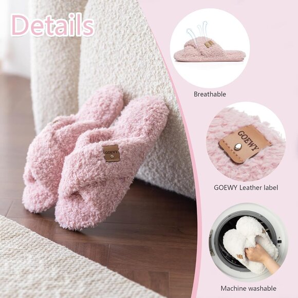 ⚡Women’s Light Pink Faux Fur Cozy Fuzzy Cross Band Slippers House Shoes - Picture 4 of 6